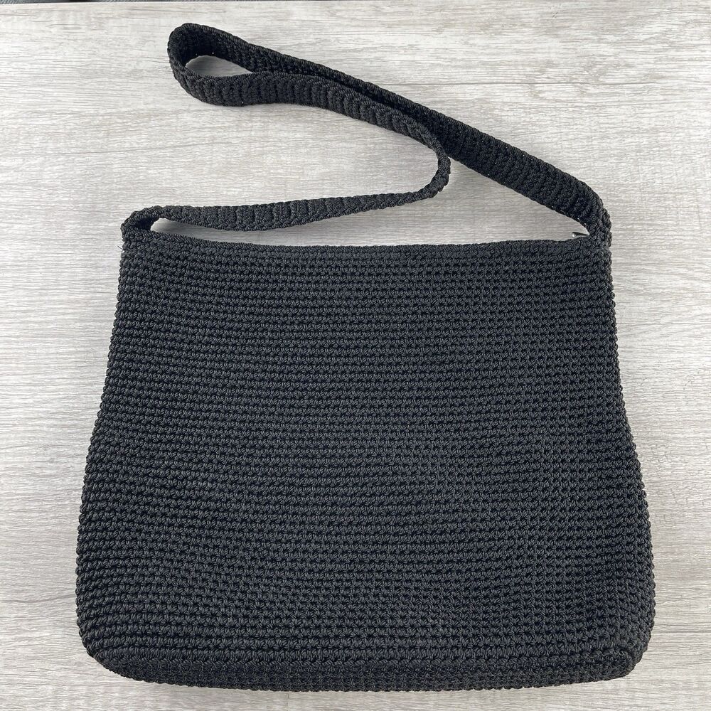 VTG The Sak Purse Black Shoulder Bag Crochet Knit Design 90's Boho Medium Y2K